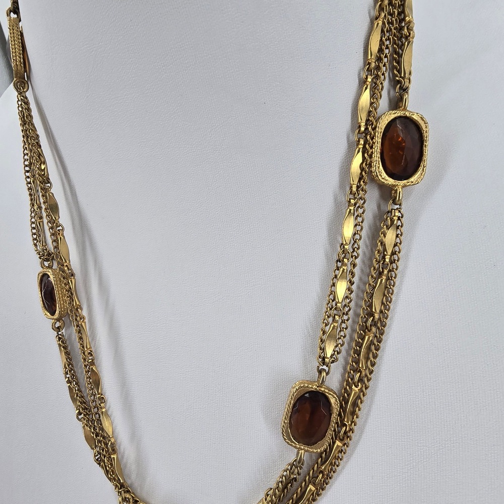 Sarah Coventry Vintage Necklace Gold Tone Multi Strand Amber Glass Stone - Picture 9 of 10